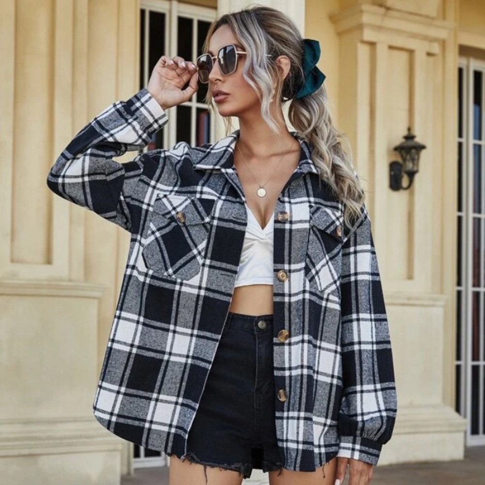 SHEIN Women’s Plaid Flannel Button Wool Mix Shirt - black & white, size S / US 4